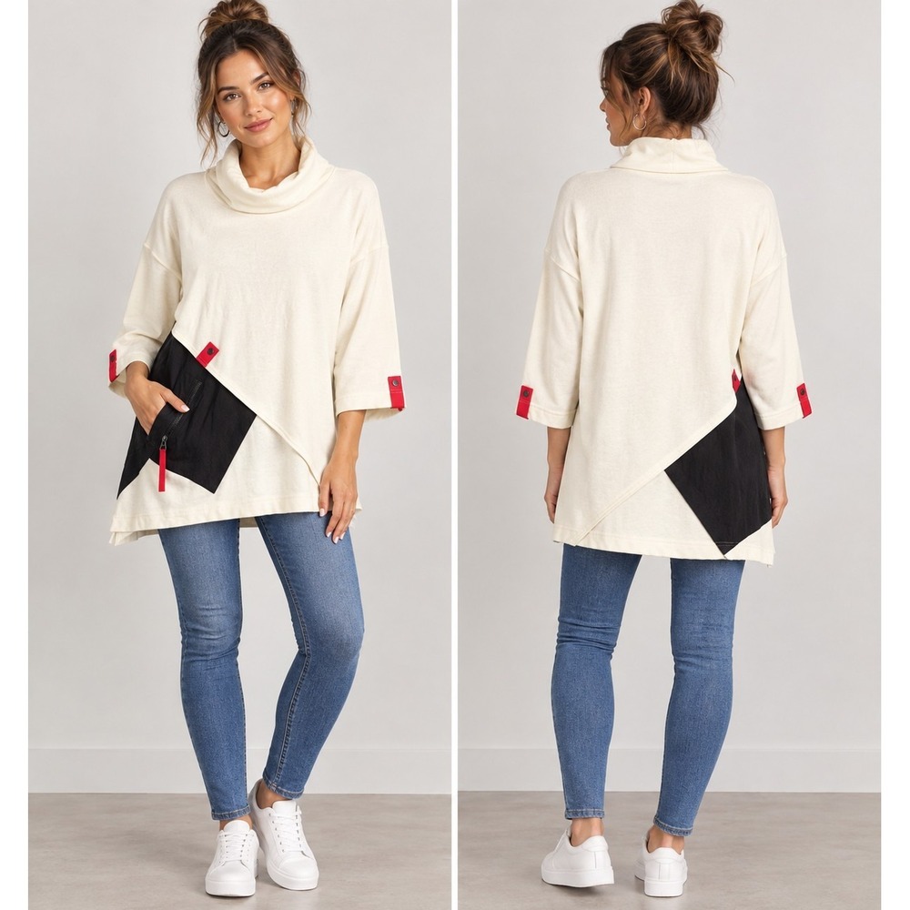 NWT ALI MILES Sz PL Ivory Cowl Neck Colorblock Lagenlook 3/4 Sleeves Tunic Top